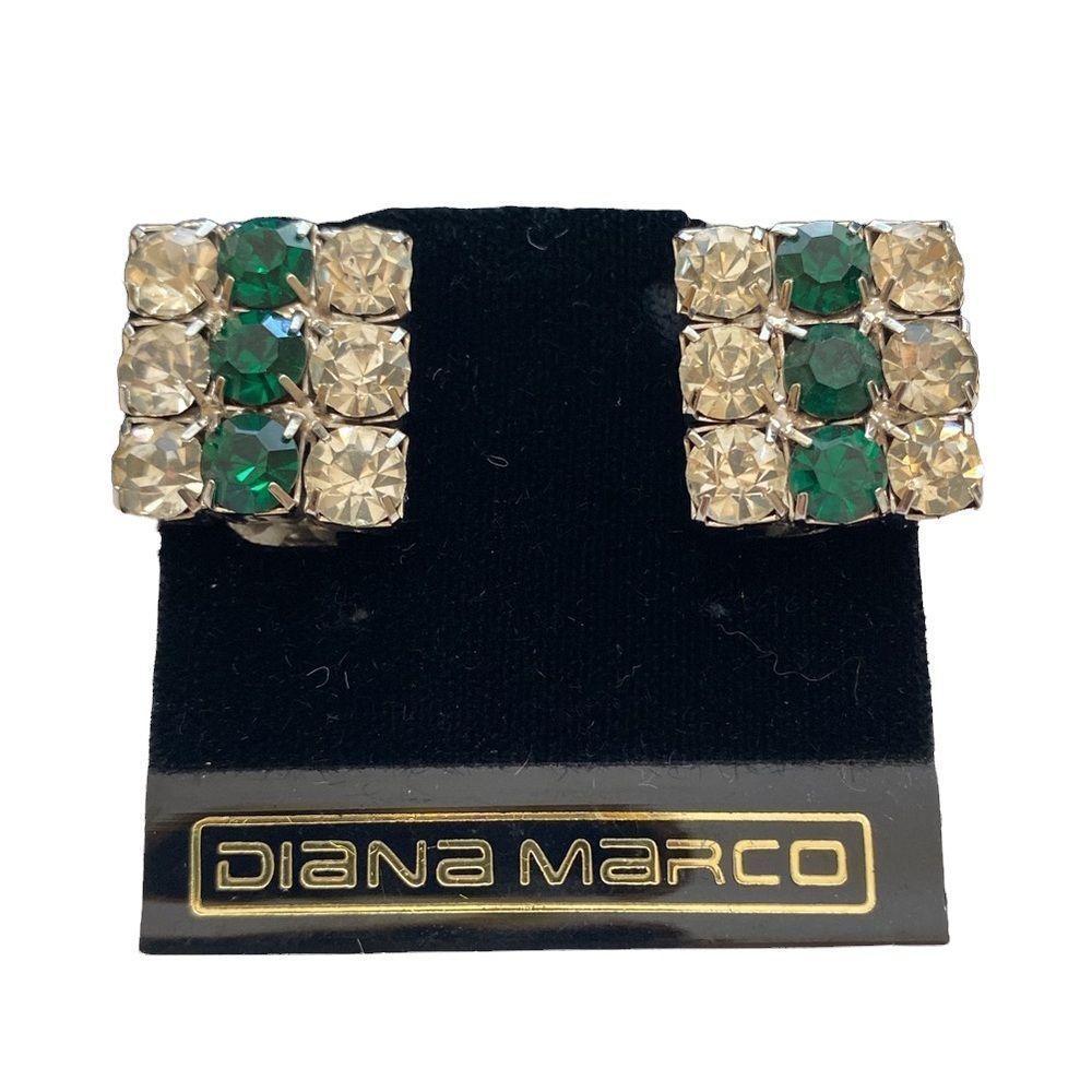 Vintage Diane Marco Emerald Green And Clear Rhinestone Earrings